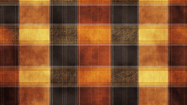 Seamless plaid textile design in shades of brown, orange, and yellow