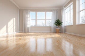 Obraz premium Bright and airy empty room with large windows allowing natural light to flood in, featuring polished wooden floor and a potted plant, creating a serene and inviting atmosphere for interior design