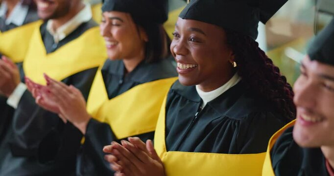 Graduation, applause and happy woman at college ceremony for academic success or education milestone. Group, graduate and clapping for goal, finish university and celebration with peer support
