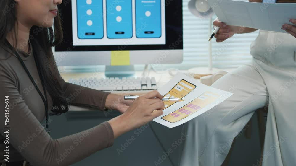 Poster two asian women working as ux designers discussing about mobile app interface wireframe design