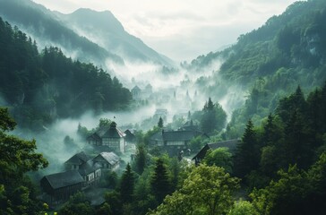 Green forest-covered mountains surrounding a timeless heritage village,