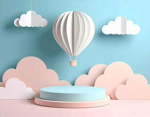 Pastel Sky Dreamscape Hot Air Balloon Podium Mockup for Product Display