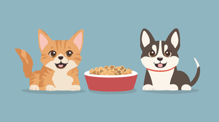 Obraz premium Cat and Dog with Food for Animals Vector Illustration