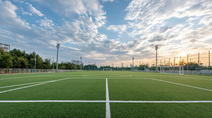 Modern soccer field with green artificial turf, white lines, outdoor stadium, blue sky, and sunset lighting create peaceful atmosphere
