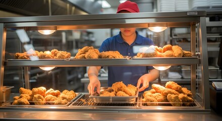 Worker arranging golden-brown fried chicken pieces in a heated display case at a fast-food restaurant.