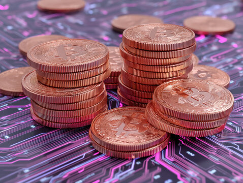 Stacked digital currency coins, copper color, on electronic circuit board, futuristic financial technology, wealth and investment concept