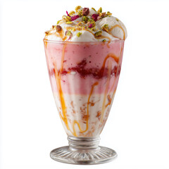 Elegant layered strawberry and pistachio ice cream sundae with caramel