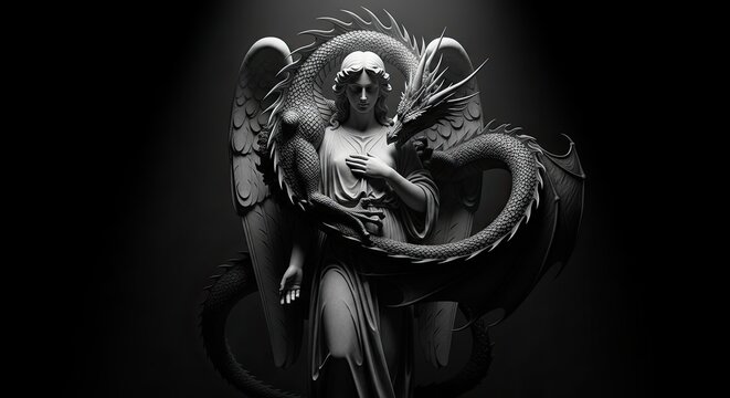 Serene Monochrome Angel Statue Dragon Battle Mythical Art