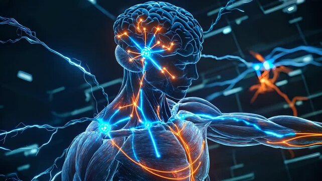 Medical UI showing brain synapses firing signals to muscles, blue and orange electric paths in virtual human anatomy environment