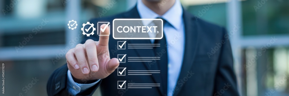 Poster businessman interacts with a touch screen displaying a checklist.