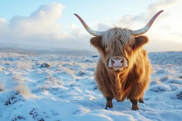 Highland cow grazing in snowy landscape rural scotland animal photography winter environment close-up view nature concept