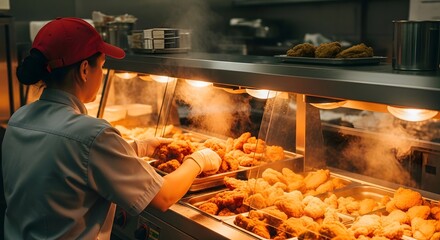 A worker in a red cap carefully arranges fried chicken pieces in a heated display case within a commercial kitchen.