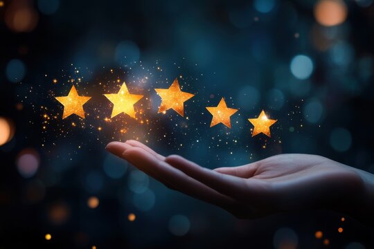 A hand holding a cluster of stars. The stars are glowing and appear to be floating in the air. Hand showcasing digital customer reviews with star ratings and avatars on a dark blurred background.