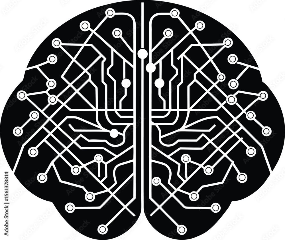 Poster vector art of an artificial intelligence brain with neural network circuits isolated on white backgr