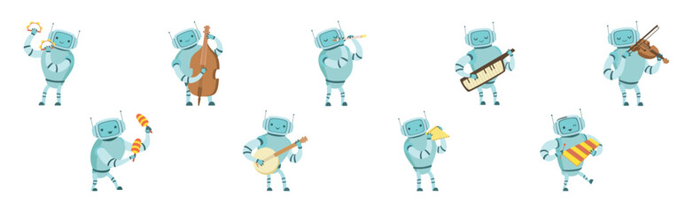Robot Musician Character Playing Musical Instrument Vector Set