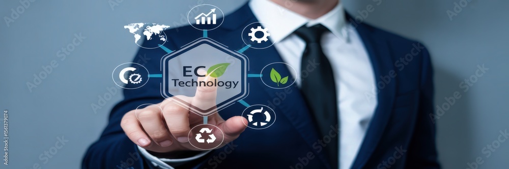 Poster person interacting with a digital interface displaying eco-technology concepts.