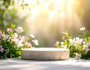 Sun-Drenched Pastel Room Floral Display with Skincare Podium