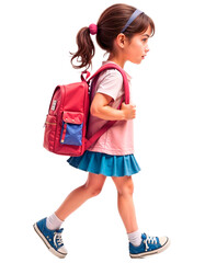 Schoolgirl walking to school with backpack, side view. White or transparent background.