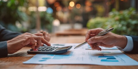 The hands of professionals collaborating on financial analysis and strategic planning.