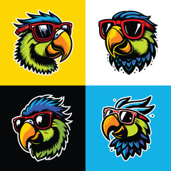 Set of cool cartoon parrot heads in sunglasses. Colorful tropical bird characters with funny expressions, isolated on different backgrounds. Perfect for stickers, t-shirts, mascot logos, or summer-the © Deniss