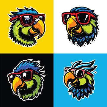 Set of cool cartoon parrot heads in sunglasses. Colorful tropical bird characters with funny expressions, isolated on different backgrounds. Perfect for stickers, t-shirts, mascot logos, or summer-the