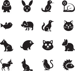 Cute Pet Animal Silhouette Icons – Cat, Dog, Bunny, Hamster, Mouse, Rabbit Vector Symbol Pack