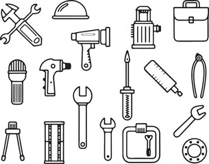 Fototapeta premium Construction Tools Icon Set - Hammer, Wrench, Toolbox, Drill, Saw, Repair, Worker, Gear, Industry, Screwdriver, DIY