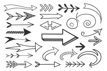 Hand-Drawn Arrow Set in Vector Sketch Style Featuring Swirled, Zigzag, and Circular Icons in Black for UI Navigation Projects, Infographics, and Web Presentations.

