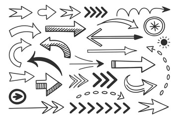 Zigzag Arrow Set in Hand-Drawn Sketch Vector Format Featuring Curved and Circular Black Icons for UI Navigation Charts, Infographic Projects, and Presentation Designs.

