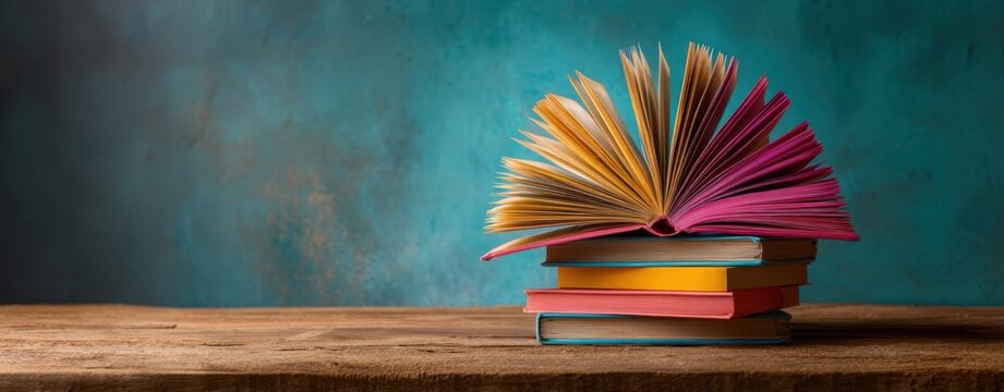 The open book showcasing vibrant pages on colorful stacked books. - Powered by Adobe