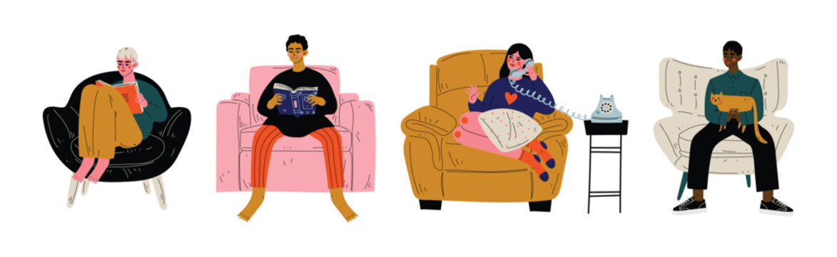 People Sit in Armchair at Home Doing Different Activity Vector Set