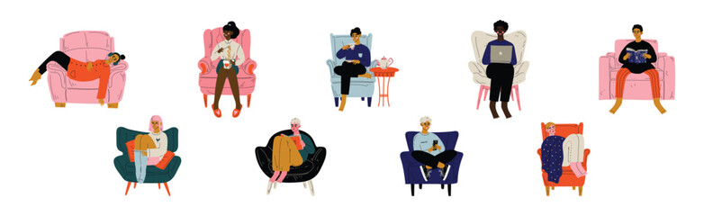 People Sit in Armchair at Home Doing Different Activity Vector Set