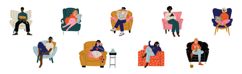 People Sit in Armchair at Home Doing Different Activity Vector Set