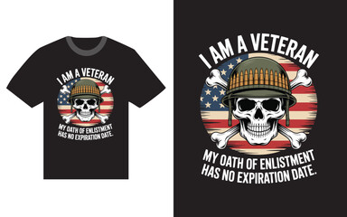 Veteran skull with helmet bullets crossbones and american flag t shirt design