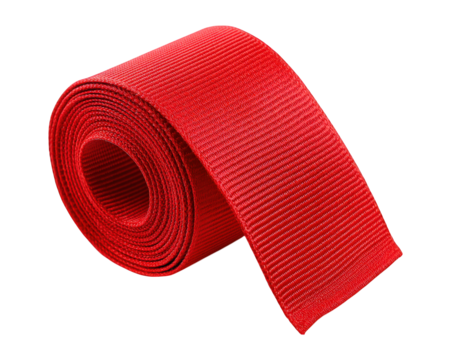 Red ribbon roll isolated on transparency background textile material decorative vibrant fabric craft supply closeup cheerful smooth texture
