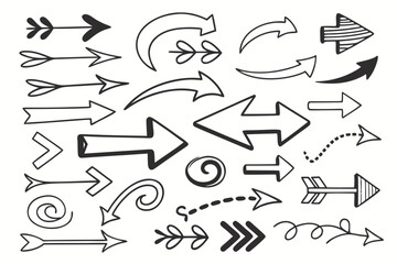 Vector Set of Hand-Drawn Arrow Icons Featuring Swirled, Zigzag, and Circular Sketch Designs in Black for Infographics, Navigation UI Templates, and Presentation Graphics.

