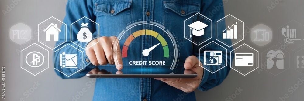 Poster hands interacting with a digital display showing credit score information.