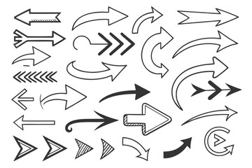 Black Vector Arrow Set in Hand-Drawn Sketch Style Featuring Curved, Zigzag, and Circular Icons for Infographic Layouts, UI Navigation Graphics, and Presentation Design Templates.

