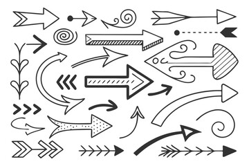 Obraz premium Creative Hand-Drawn Arrows Set in Vector Format Featuring Curved, Swirled, and Circular Black Sketch Icons for UI Navigation Templates, Infographic Layouts, and Presentations.