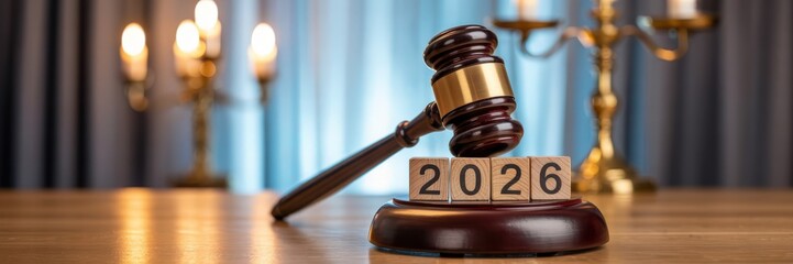 Wooden blocks displaying the year 2026 on a gavel stand.