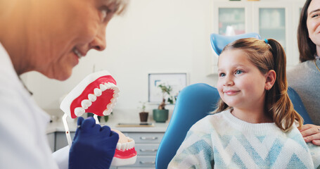 Teaching, child and dentist with mouth model for medical check, teeth hygiene or dental health....