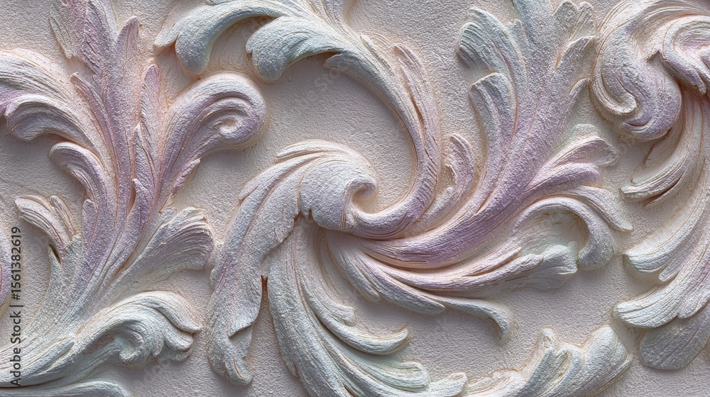Poster baroque plaster texture sculpted into elegant wave forms with seamless pastel tones, creating a flow