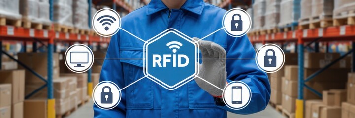 Warehouse worker interacts with rfid technology.