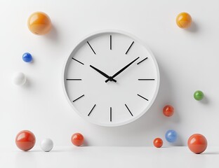 A minimalist clock on a white background, surrounded by colorful spheres