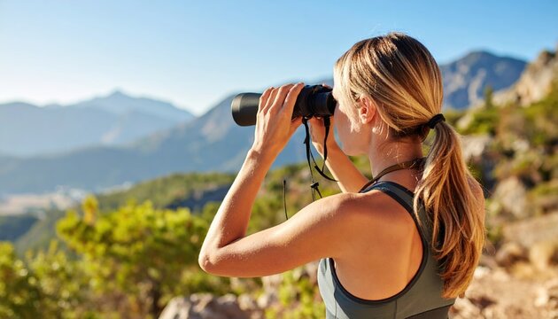 Blonde woman with a ponytail stands in nature and uses binoculars to observe a distant mountain landscape on a sunny day