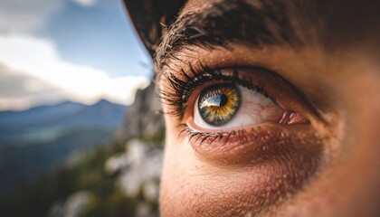 Close up macro shot of a person's right eye with the reflection of a mountainous landscape in the pupil on a bright day