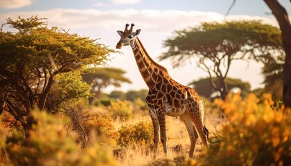 Obraz premium Giraffe standing tall in a golden savanna landscape with trees and dry grass under a bright sky with some clouds