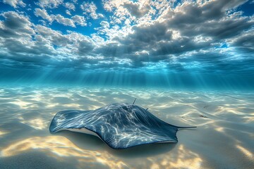 Graceful stingray swimming in crystal clear waters tropical ocean underwater photography serene environment wide-angle view marine life exploration