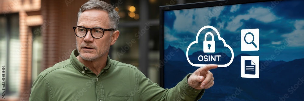 Poster man pointing at a security cloud icon on a screen.