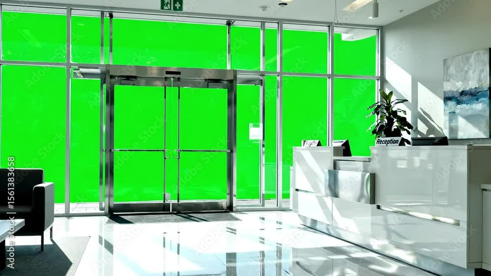 Poster modern office lobby with green screen window great for adding virtual background footage